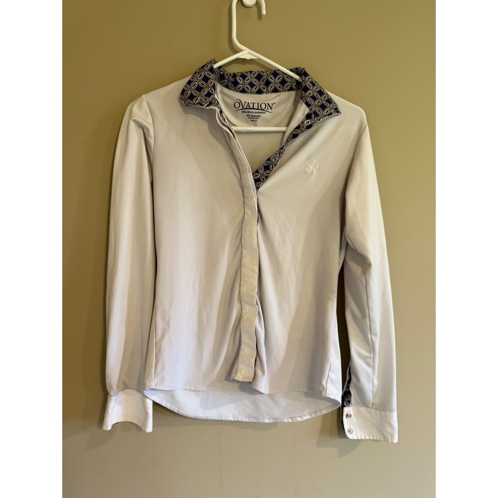 Ovation Womens Equestrian Show Shirt White Long Sleeve Patterned Trim Size 34